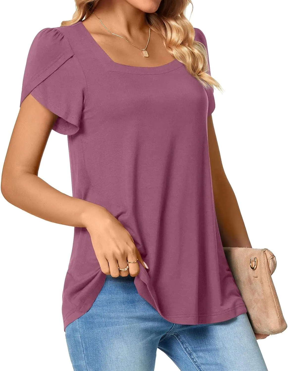 TAOHUADAO Womens 2025 Summer Casual T-Shirts Square Neck Petal Short Sleeve Tunic Tops