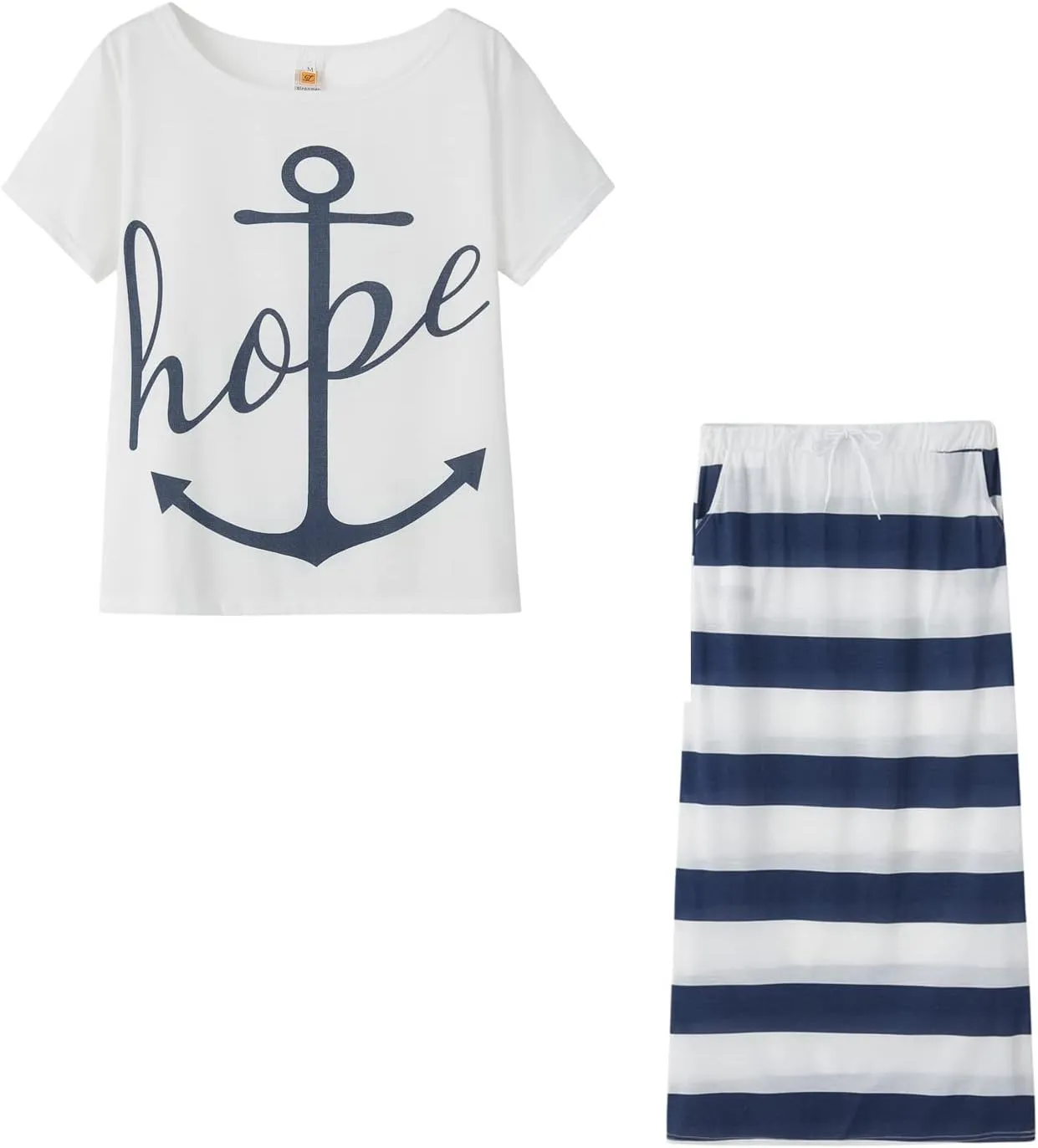 TIAFORD Women's 2 Piece Casual Sets Anchor T Shirts and Striped Elastic Waist Drawstring Maxi Skirt Suits