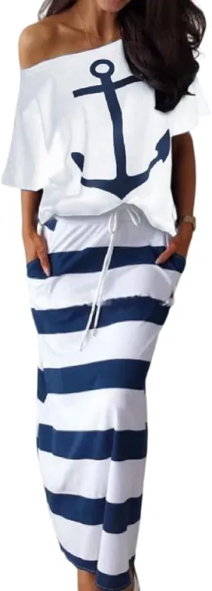 TIAFORD Women's 2 Piece Casual Sets Anchor T Shirts and Striped Elastic Waist Drawstring Maxi Skirt Suits
