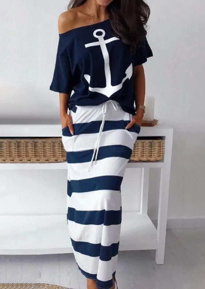 TIAFORD Women's 2 Piece Casual Sets Anchor T Shirts and Striped Elastic Waist Drawstring Maxi Skirt Suits