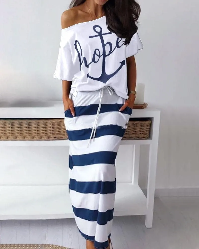 TIAFORD Women's 2 Piece Casual Sets Anchor T Shirts and Striped Elastic Waist Drawstring Maxi Skirt Suits