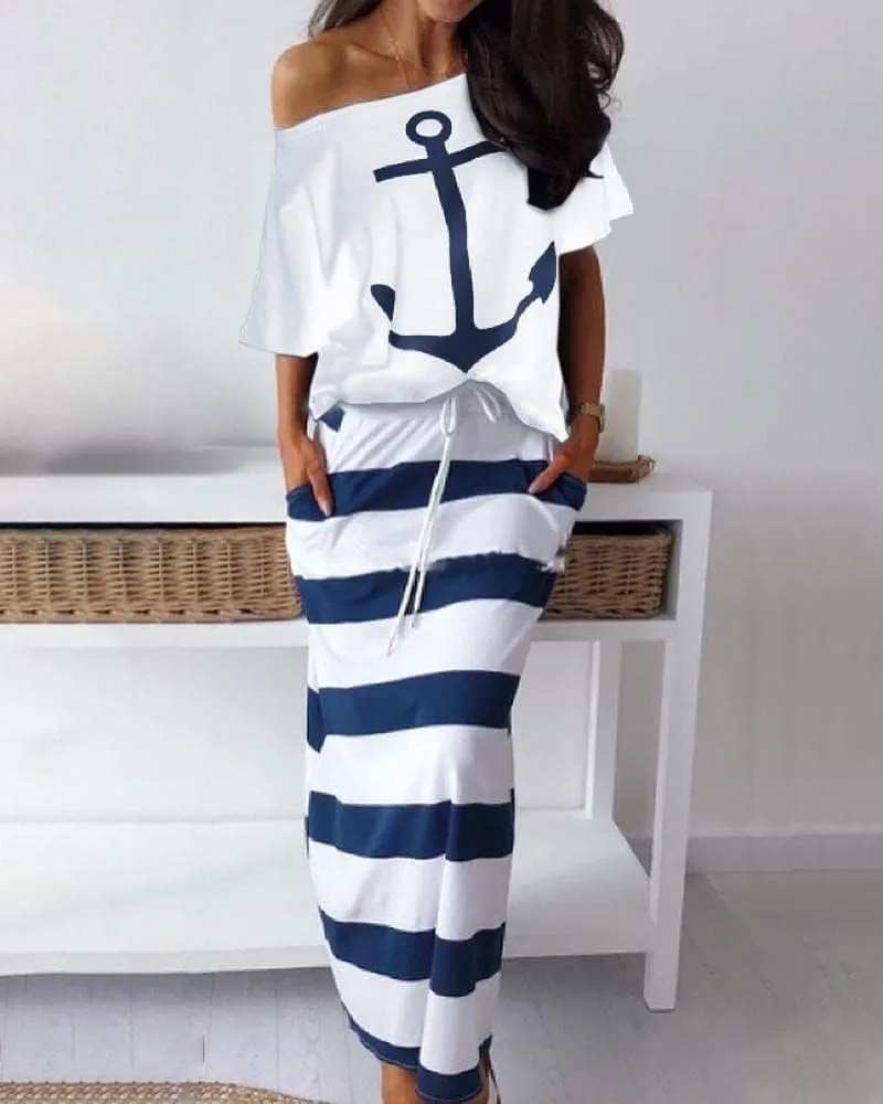 TIAFORD Women's 2 Piece Casual Sets Anchor T Shirts and Striped Elastic Waist Drawstring Maxi Skirt Suits