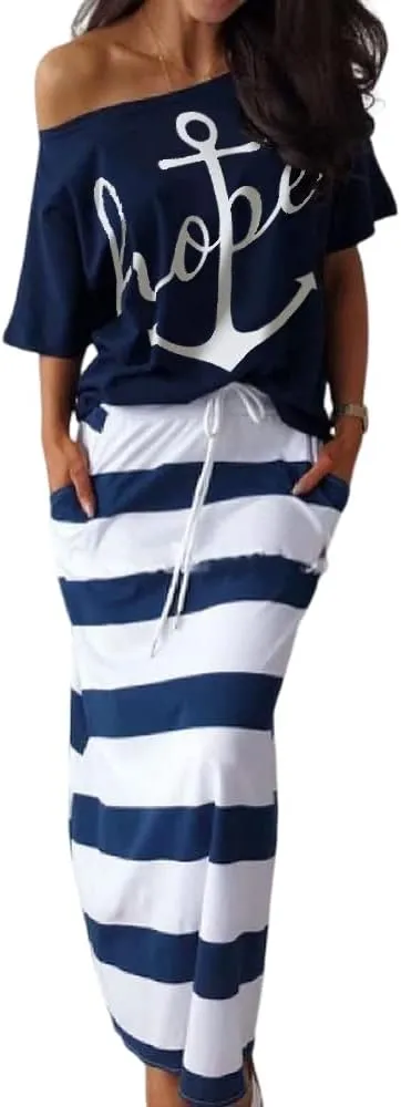 TIAFORD Women's 2 Piece Casual Sets Anchor T Shirts and Striped Elastic Waist Drawstring Maxi Skirt Suits