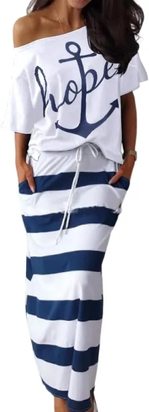 TIAFORD Women's 2 Piece Casual Sets Anchor T Shirts and Striped Elastic Waist Drawstring Maxi Skirt Suits