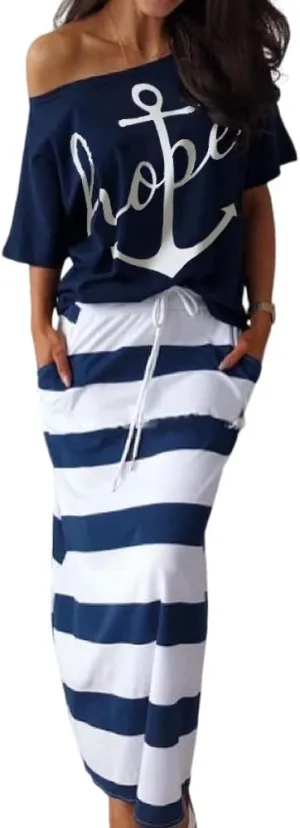 TIAFORD Women's 2 Piece Casual Sets Anchor T Shirts and Striped Elastic Waist Drawstring Maxi Skirt Suits