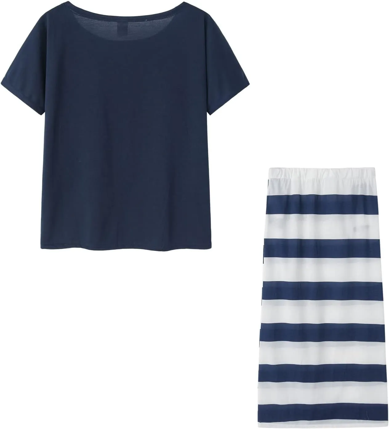 TIAFORD Women's 2 Piece Casual Sets Anchor T Shirts and Striped Elastic Waist Drawstring Maxi Skirt Suits
