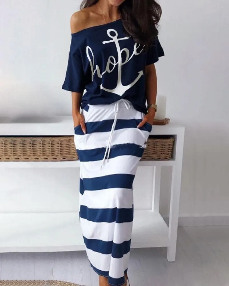 TIAFORD Women's 2 Piece Casual Sets Anchor T Shirts and Striped Elastic Waist Drawstring Maxi Skirt Suits
