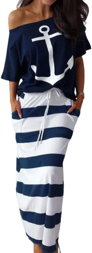 TIAFORD Women's 2 Piece Casual Sets Anchor T Shirts and Striped Elastic Waist Drawstring Maxi Skirt Suits