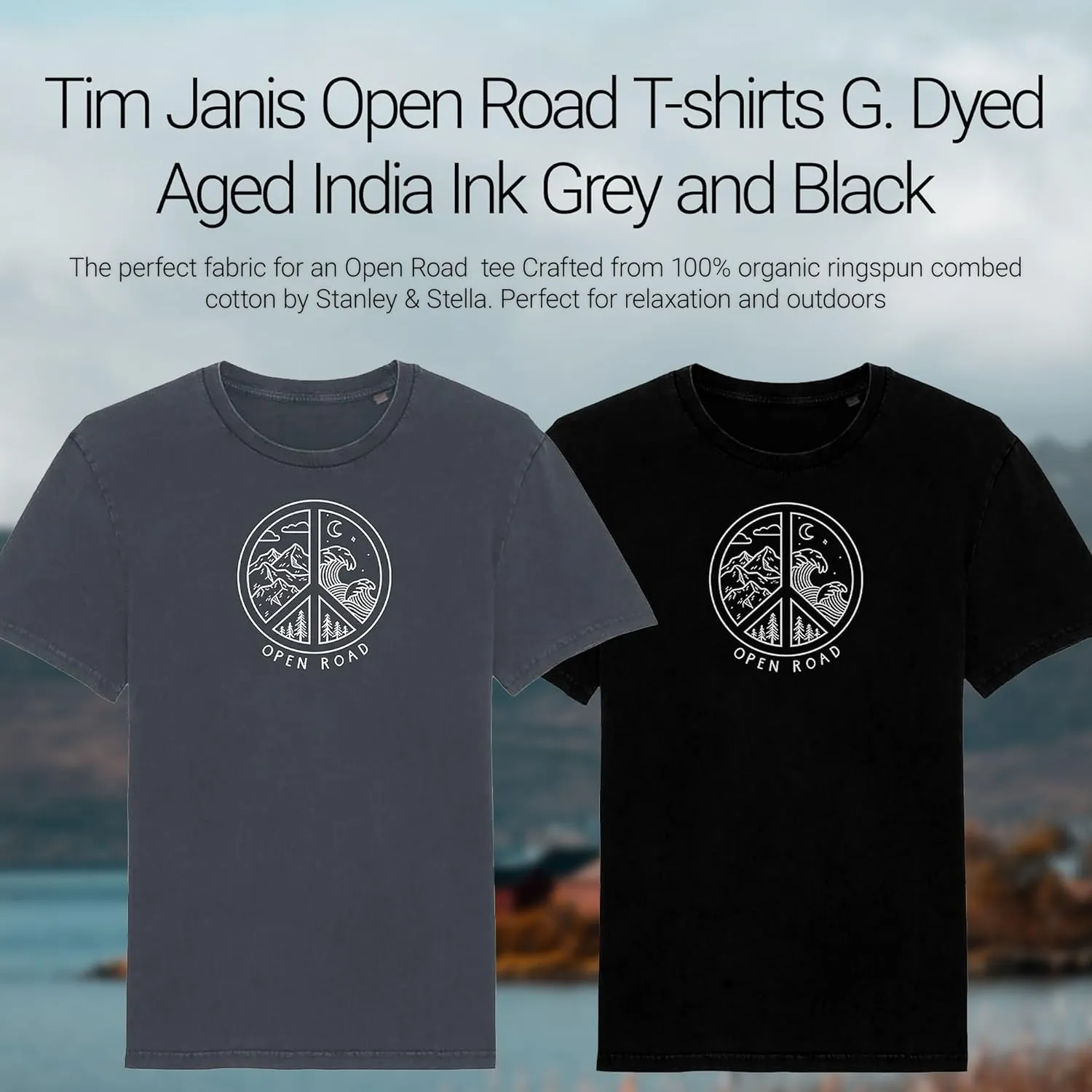 Tim Janis Open Road Eco-Peace T-Shirt for Men and Women - 100% Organic Ringspun Combed Cotton - Black