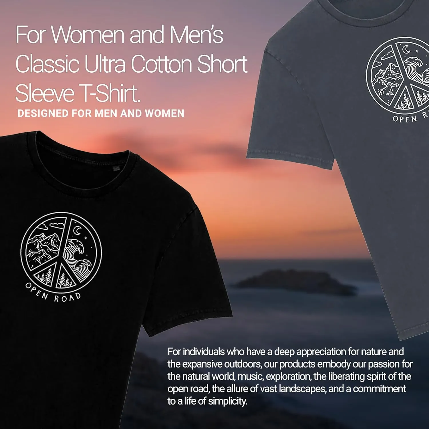 Tim Janis Open Road Eco-Peace T-Shirt for Men and Women - 100% Organic Ringspun Combed Cotton - Black