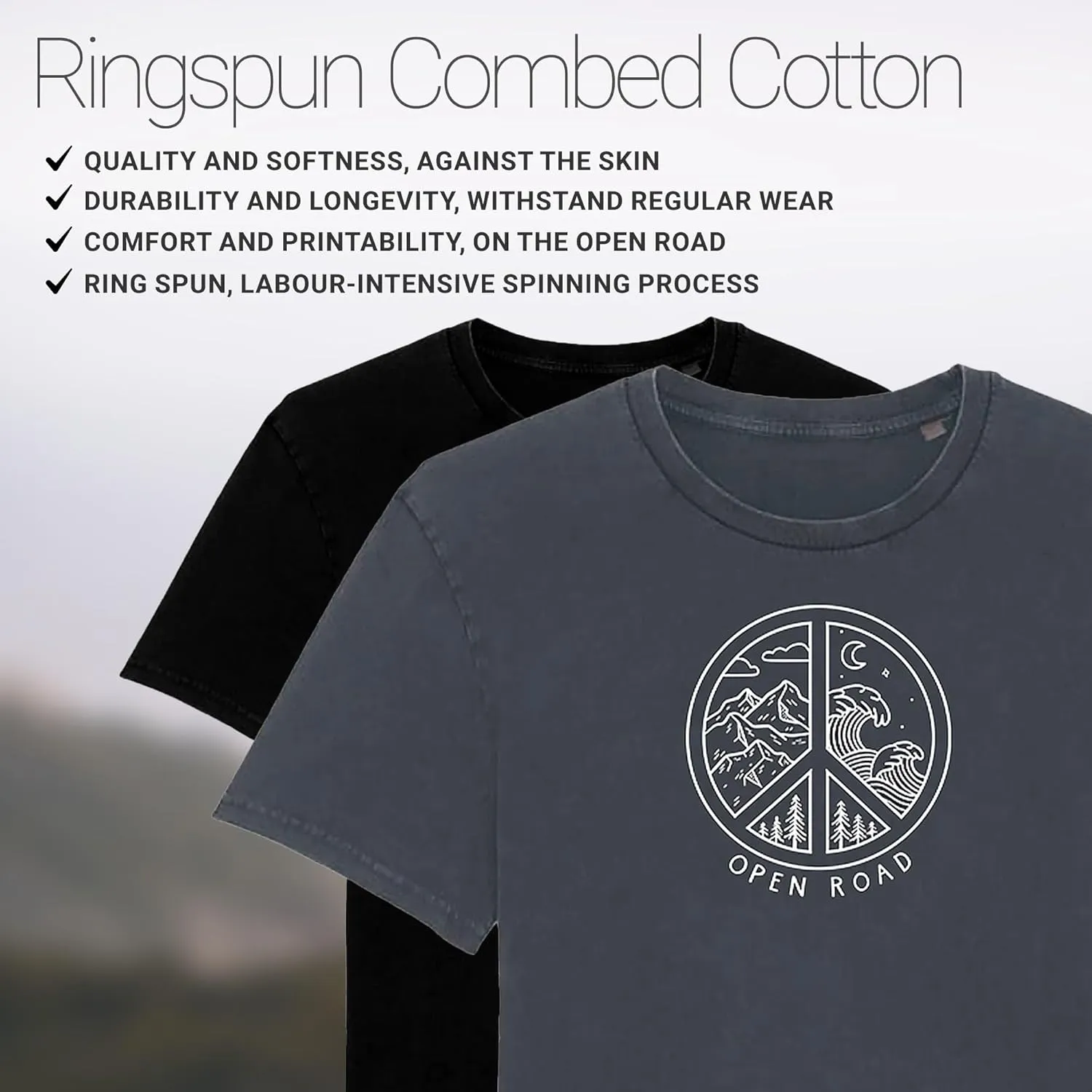 Tim Janis Open Road Eco-Peace T-Shirt for Men and Women - 100% Organic Ringspun Combed Cotton - Black