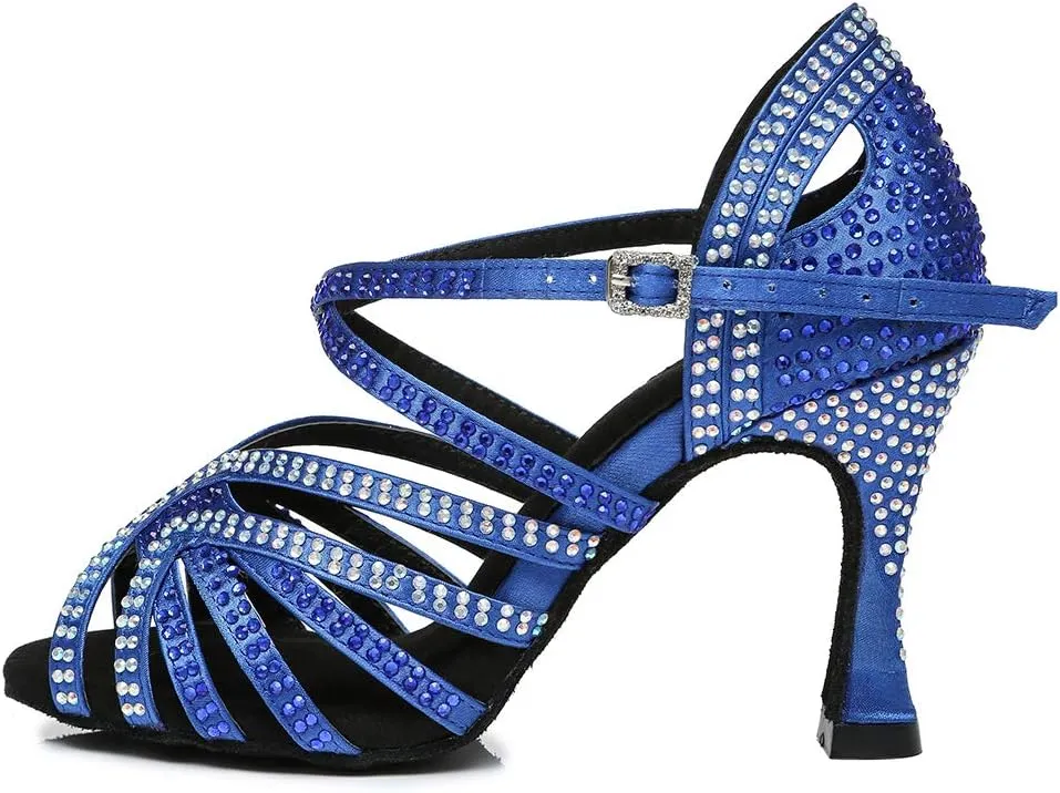 TINRYMX Women's Satin Heels Latin with Rhinestone Dance Shoes Peep Toe Salsa Bachata Chacha Performance Ballroom Dancing Heels, YCL450