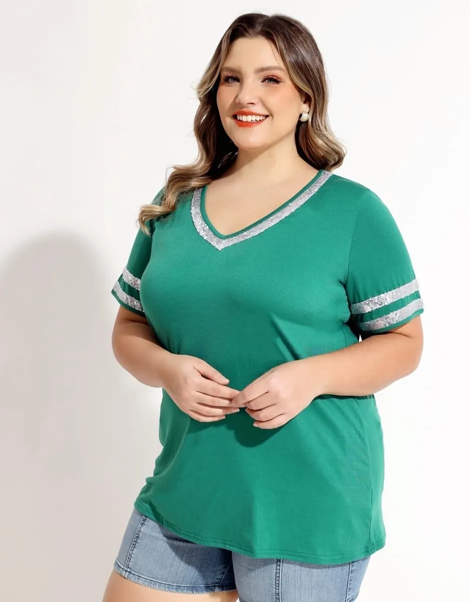 TIYOMI Plus Size Tops for Women V Neck Raglan T-Shirt Short Sleeve Summer Shirts Casual Loose Tunic Blouse