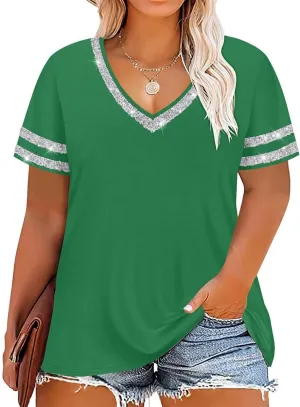 TIYOMI Plus Size Tops for Women V Neck Raglan T-Shirt Short Sleeve Summer Shirts Casual Loose Tunic Blouse