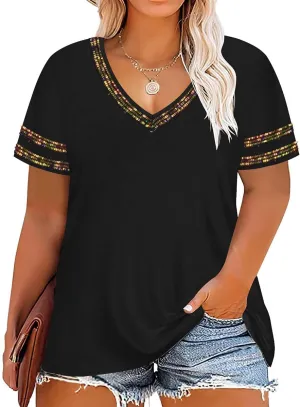 TIYOMI Plus Size Tops for Women V Neck Raglan T-Shirt Short Sleeve Summer Shirts Casual Loose Tunic Blouse