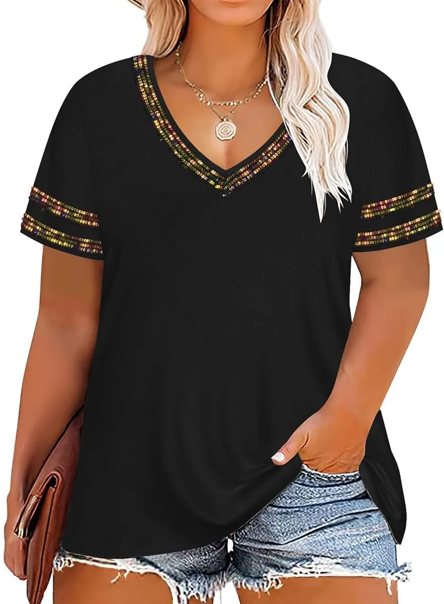 TIYOMI Plus Size Tops for Women V Neck Raglan T-Shirt Short Sleeve Summer Shirts Casual Loose Tunic Blouse