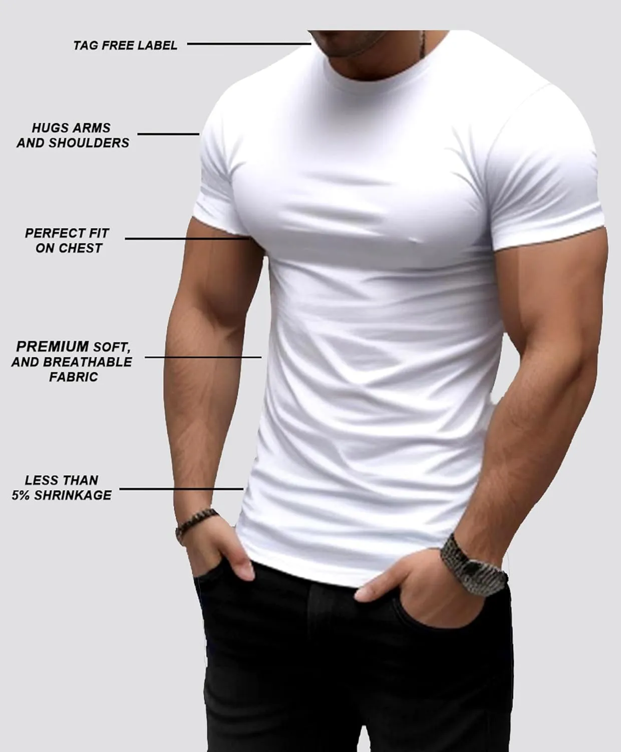 Trailblazer Slim Fit White and Black T-Shirts (3 Pack) Crewneck No Shrink Undershirts