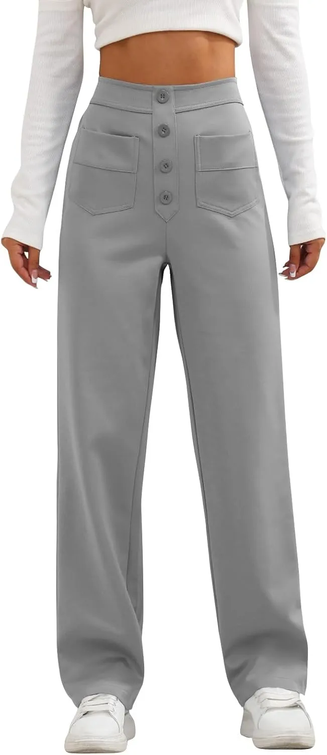 Trousers Pants for Women Women's Casual Straight Leg Pants High Waisted Button Down Stretchy Business Work Trousers