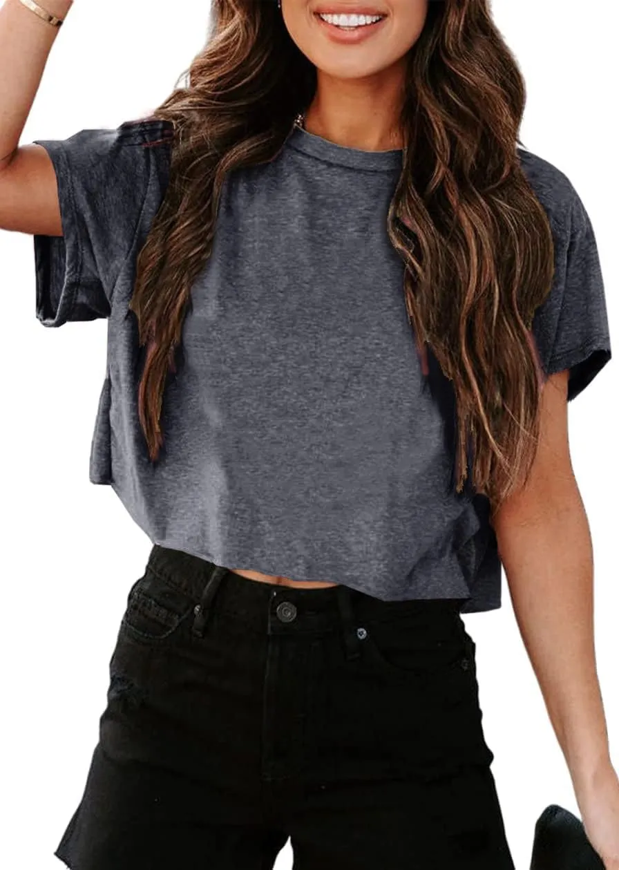 UNCLECAT Women's Cropped T Shirts Trendy Short Sleeve Crew Neck Crop Tops Solid Basic Tee