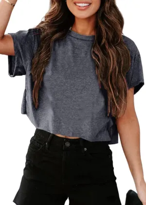 UNCLECAT Women's Cropped T Shirts Trendy Short Sleeve Crew Neck Crop Tops Solid Basic Tee