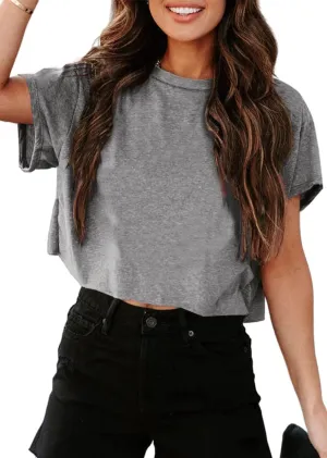 UNCLECAT Women's Cropped T Shirts Trendy Short Sleeve Crew Neck Crop Tops Solid Basic Tee