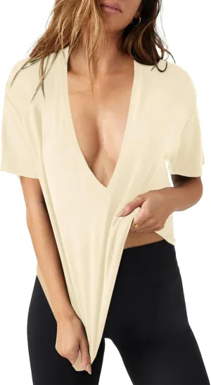 UNCLECAT Womens Deep V-Neck T Shirts Sexy Short Sleeve Tops Summer Oversized Tee