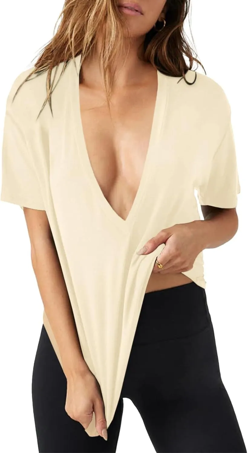 UNCLECAT Womens Deep V-Neck T Shirts Sexy Short Sleeve Tops Summer Oversized Tee