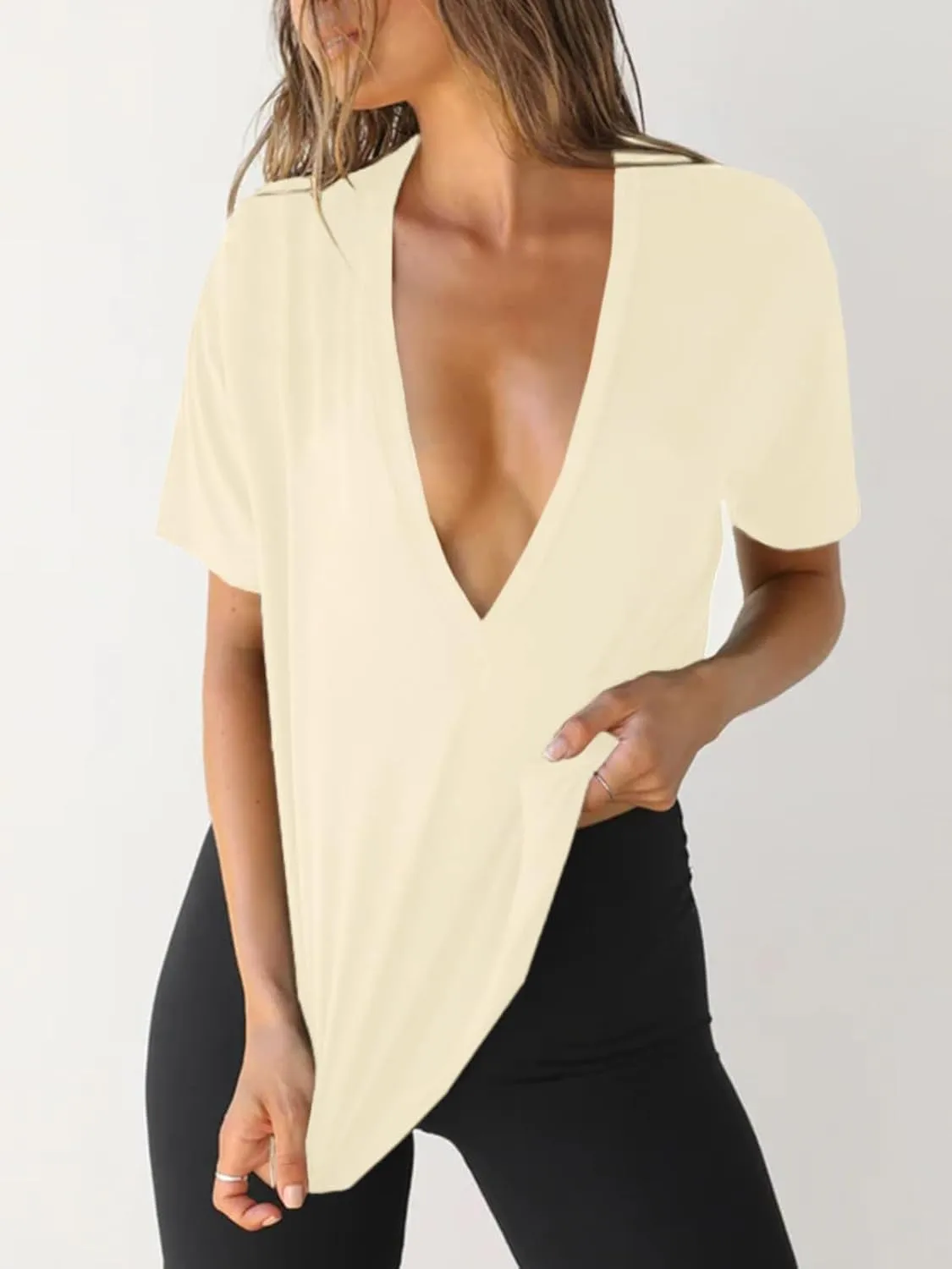 UNCLECAT Womens Deep V-Neck T Shirts Sexy Short Sleeve Tops Summer Oversized Tee