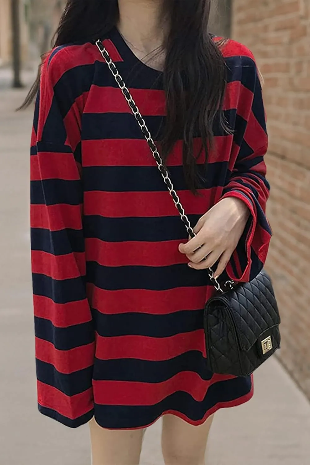 Unisex Oversized Stripe Long Sleeve T Shirts Gothic Harajuku Loose Crew Neck Summer Tee Tops