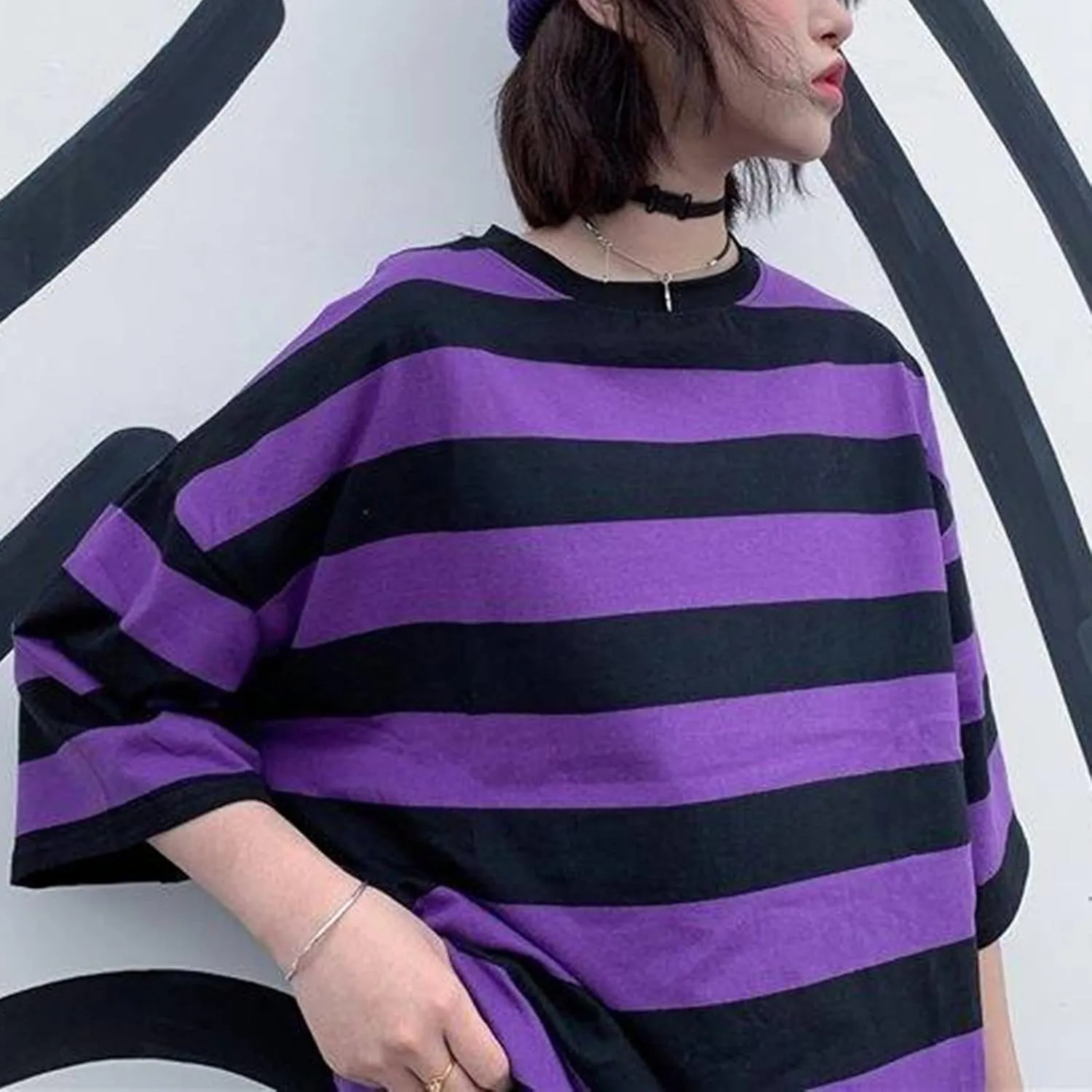 Unisex Oversized Stripe Long Sleeve T Shirts Gothic Harajuku Loose Crew Neck Summer Tee Tops