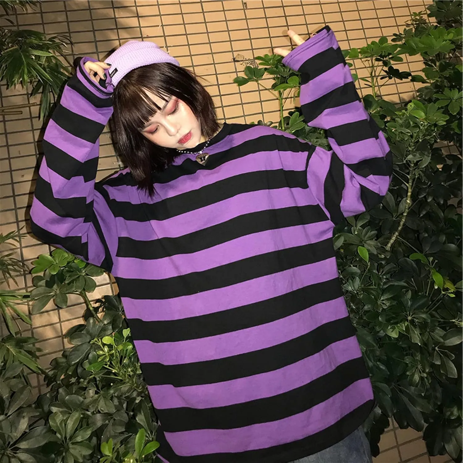 Unisex Oversized Stripe Long Sleeve T Shirts Gothic Harajuku Loose Crew Neck Summer Tee Tops