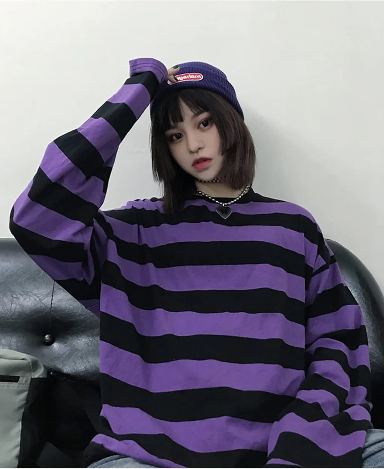 Unisex Oversized Stripe Long Sleeve T Shirts Gothic Harajuku Loose Crew Neck Summer Tee Tops