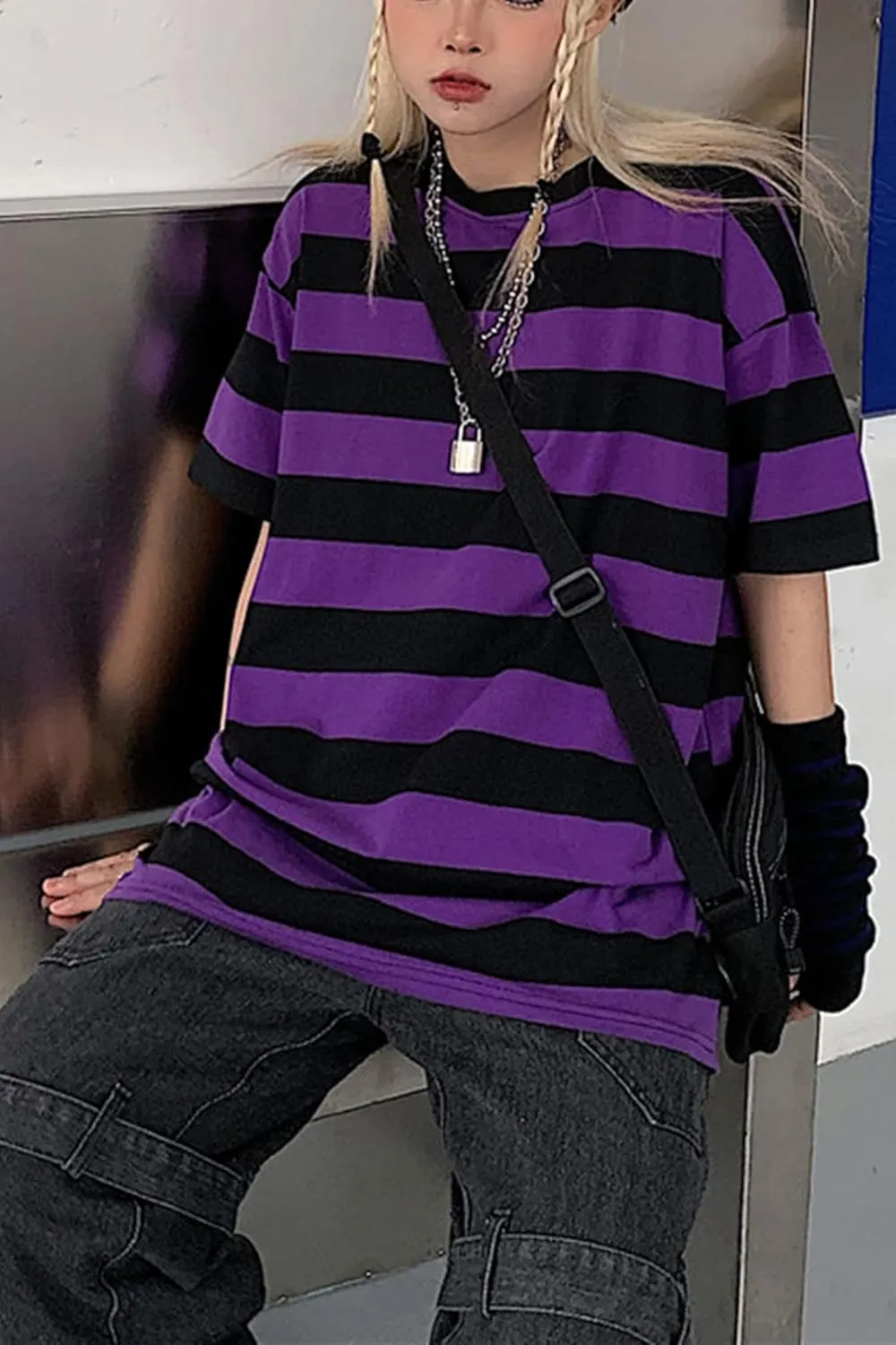 Unisex Oversized Stripe Long Sleeve T Shirts Gothic Harajuku Loose Crew Neck Summer Tee Tops