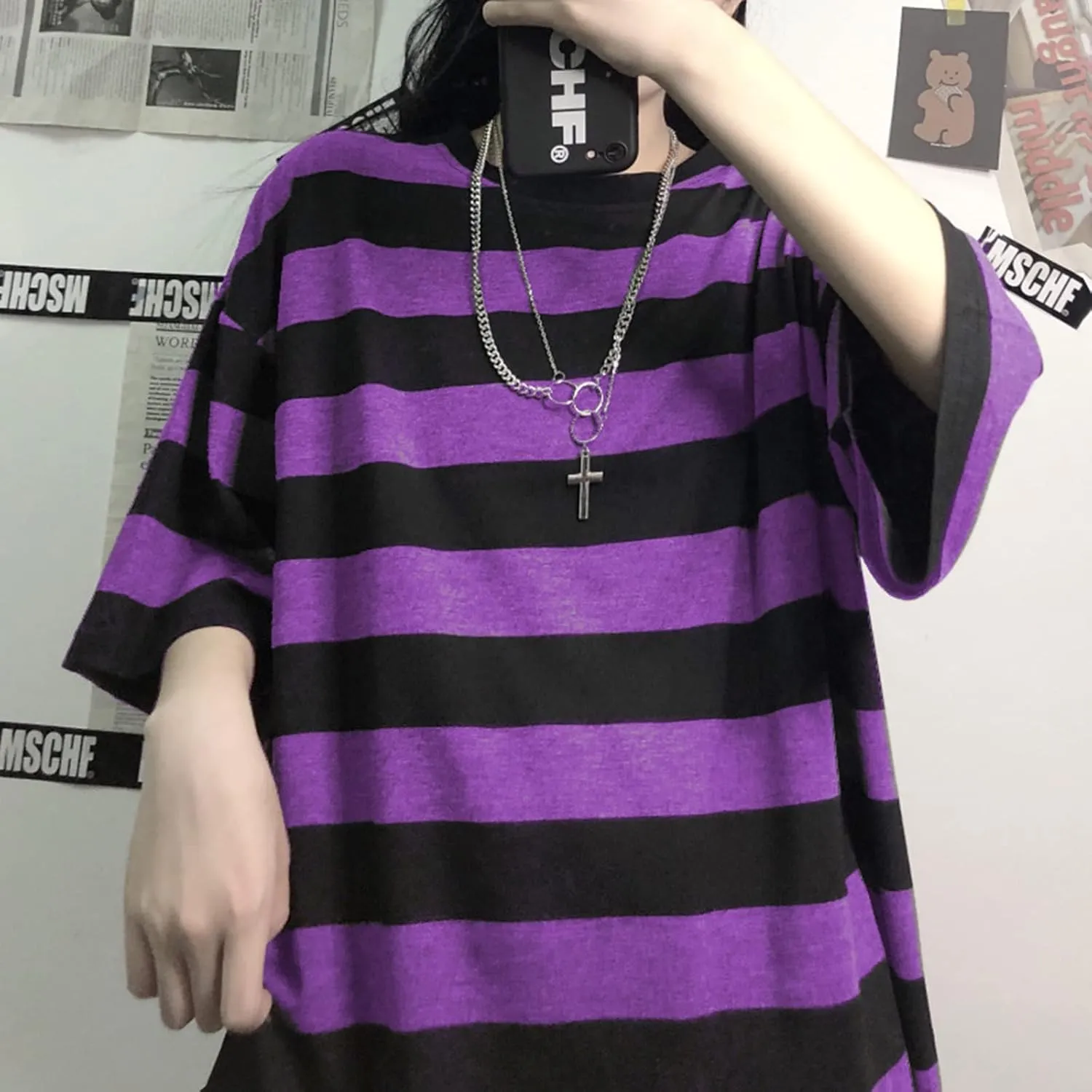 Unisex Oversized Stripe Long Sleeve T Shirts Gothic Harajuku Loose Crew Neck Summer Tee Tops