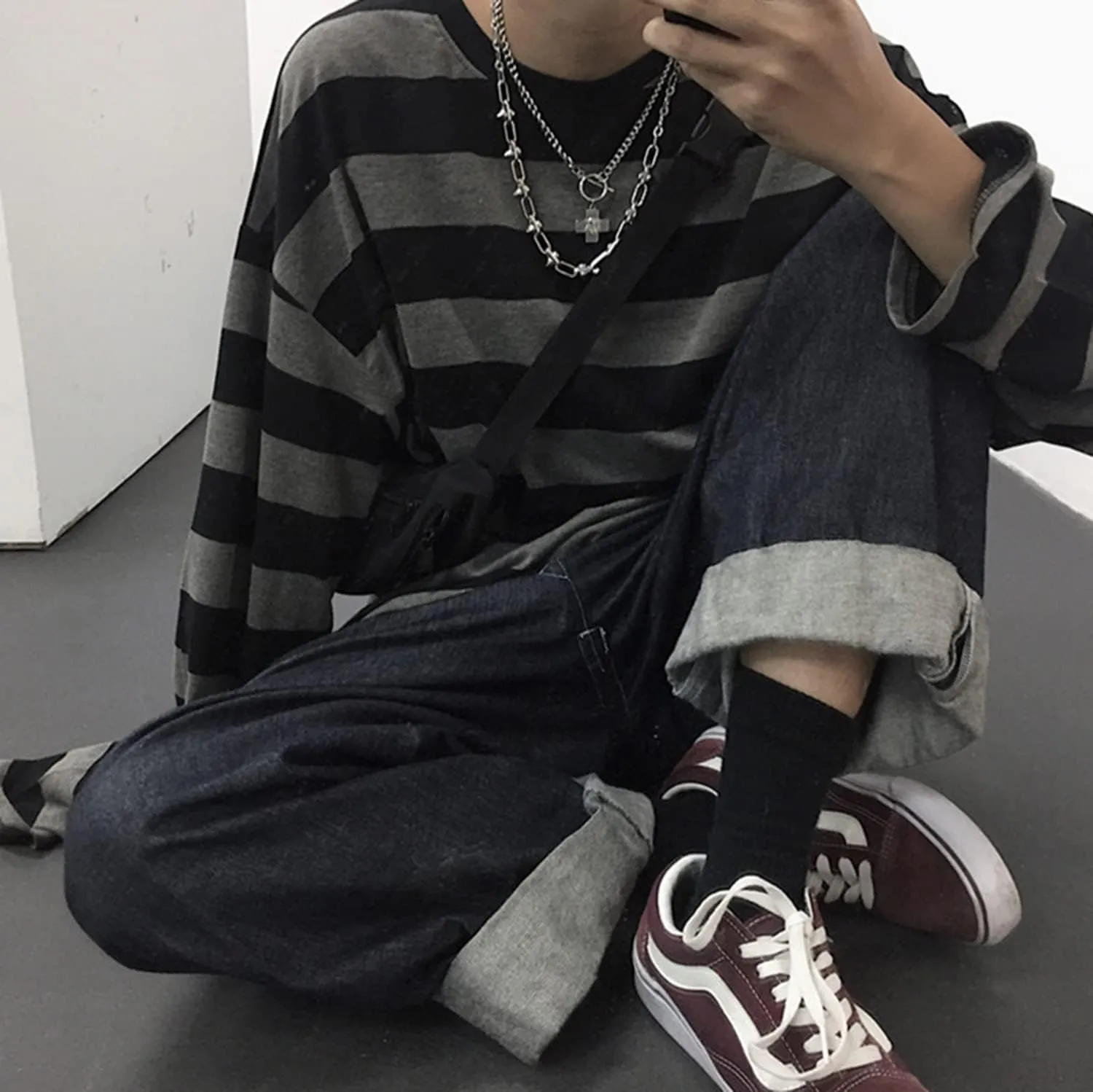 Unisex Oversized Stripe Long Sleeve T Shirts Gothic Harajuku Loose Crew Neck Summer Tee Tops