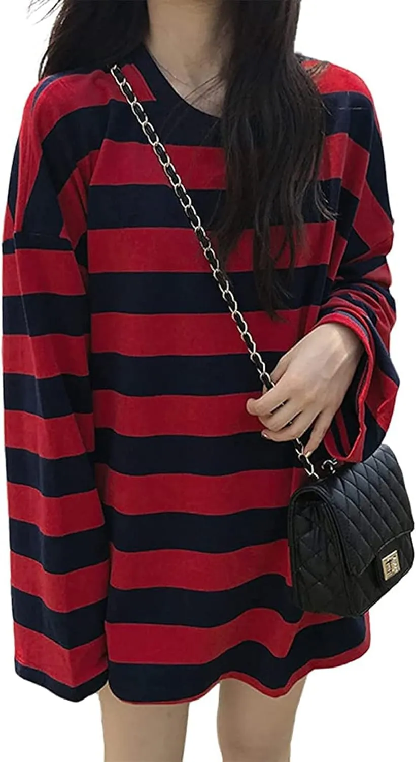 Unisex Oversized Stripe Long Sleeve T Shirts Gothic Harajuku Loose Crew Neck Summer Tee Tops
