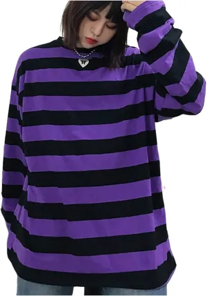 Unisex Oversized Stripe Long Sleeve T Shirts Gothic Harajuku Loose Crew Neck Summer Tee Tops