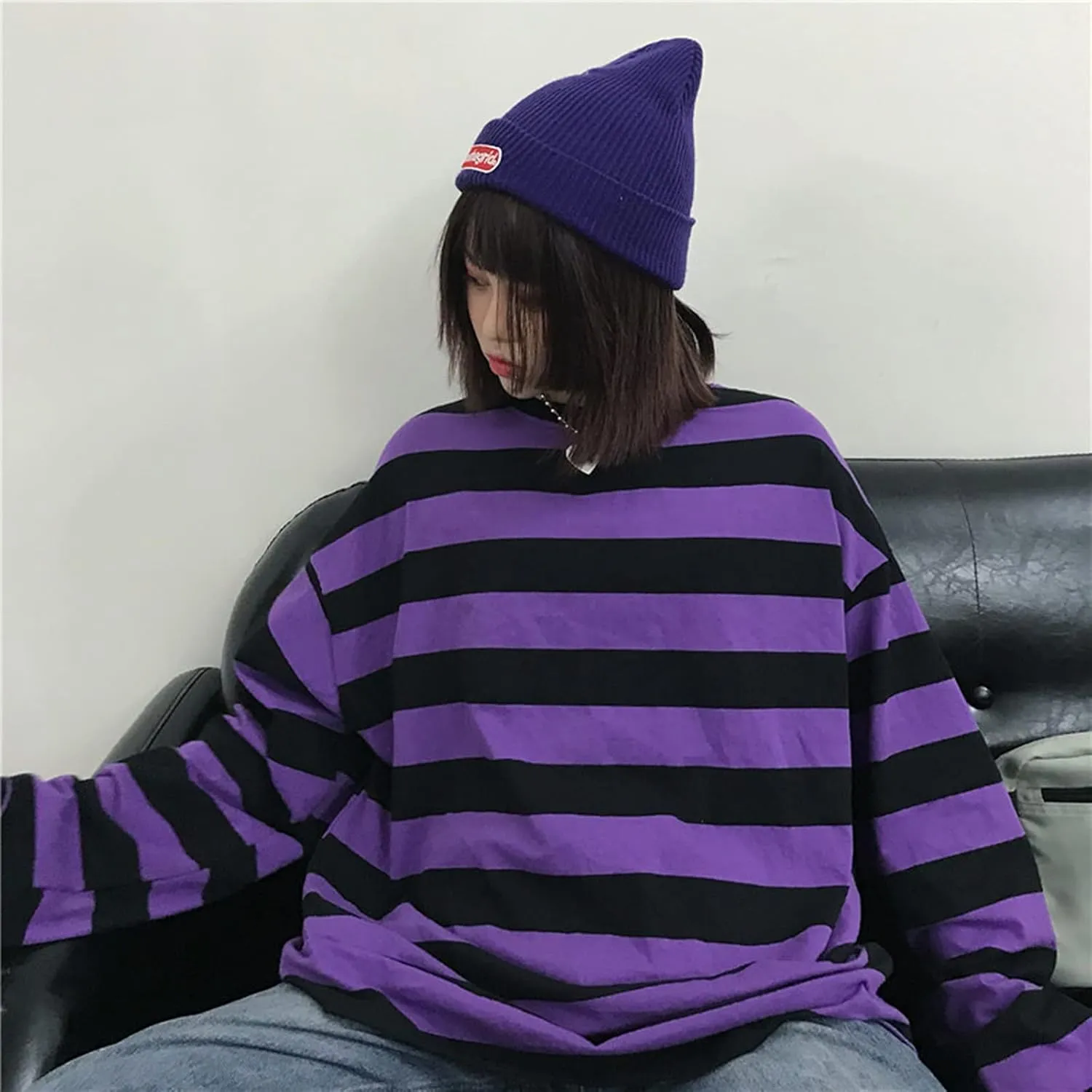Unisex Oversized Stripe Long Sleeve T Shirts Gothic Harajuku Loose Crew Neck Summer Tee Tops