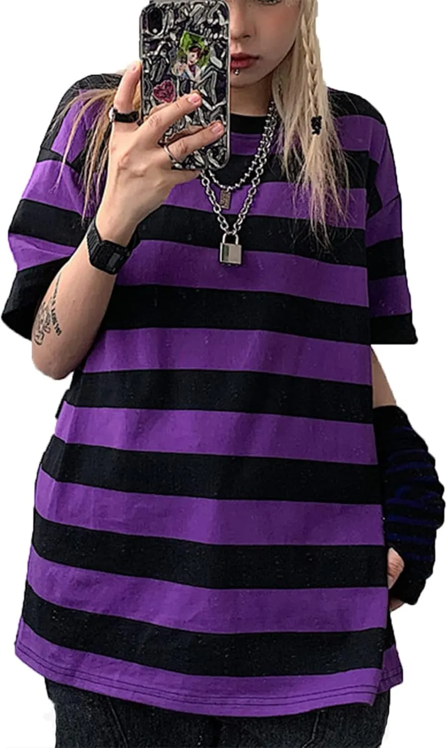 Unisex Oversized Stripe Long Sleeve T Shirts Gothic Harajuku Loose Crew Neck Summer Tee Tops