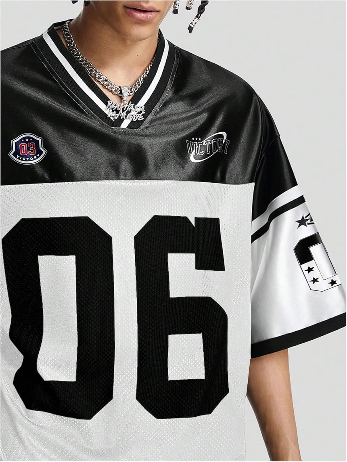 Verdusa Men's Jersey Oversized Graphic Tee V Neck Short Shoulder Casual T Shirts