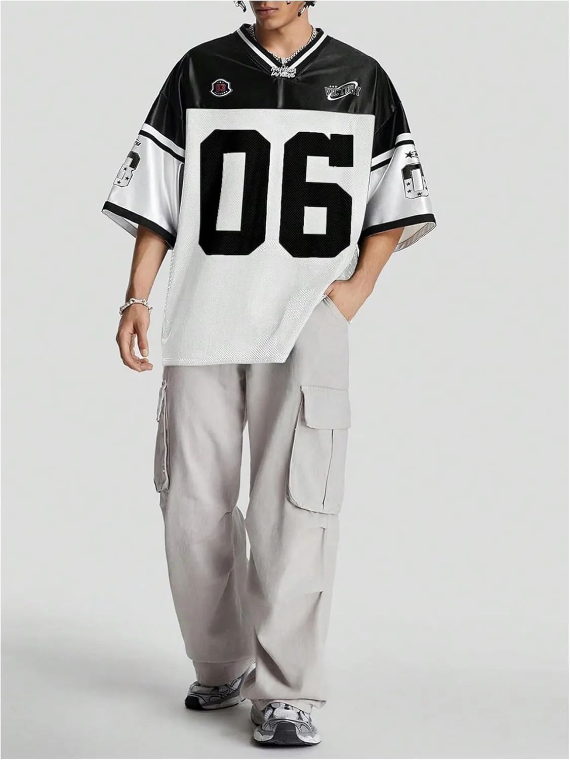 Verdusa Men's Jersey Oversized Graphic Tee V Neck Short Shoulder Casual T Shirts