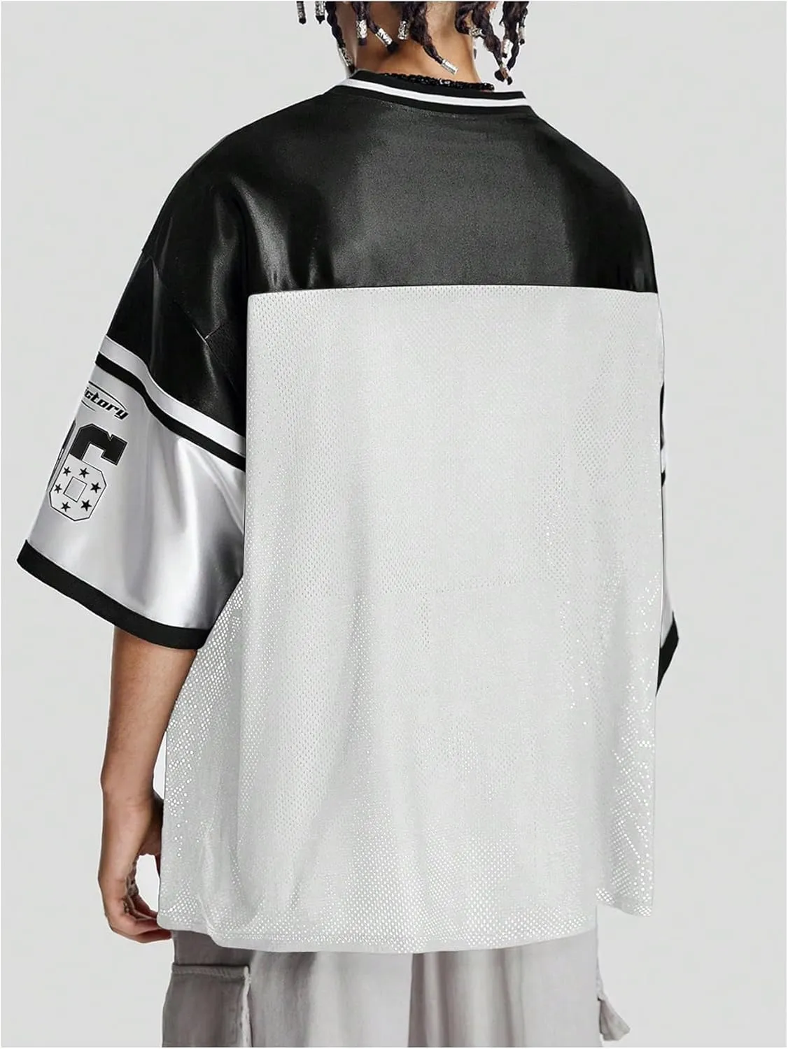 Verdusa Men's Jersey Oversized Graphic Tee V Neck Short Shoulder Casual T Shirts