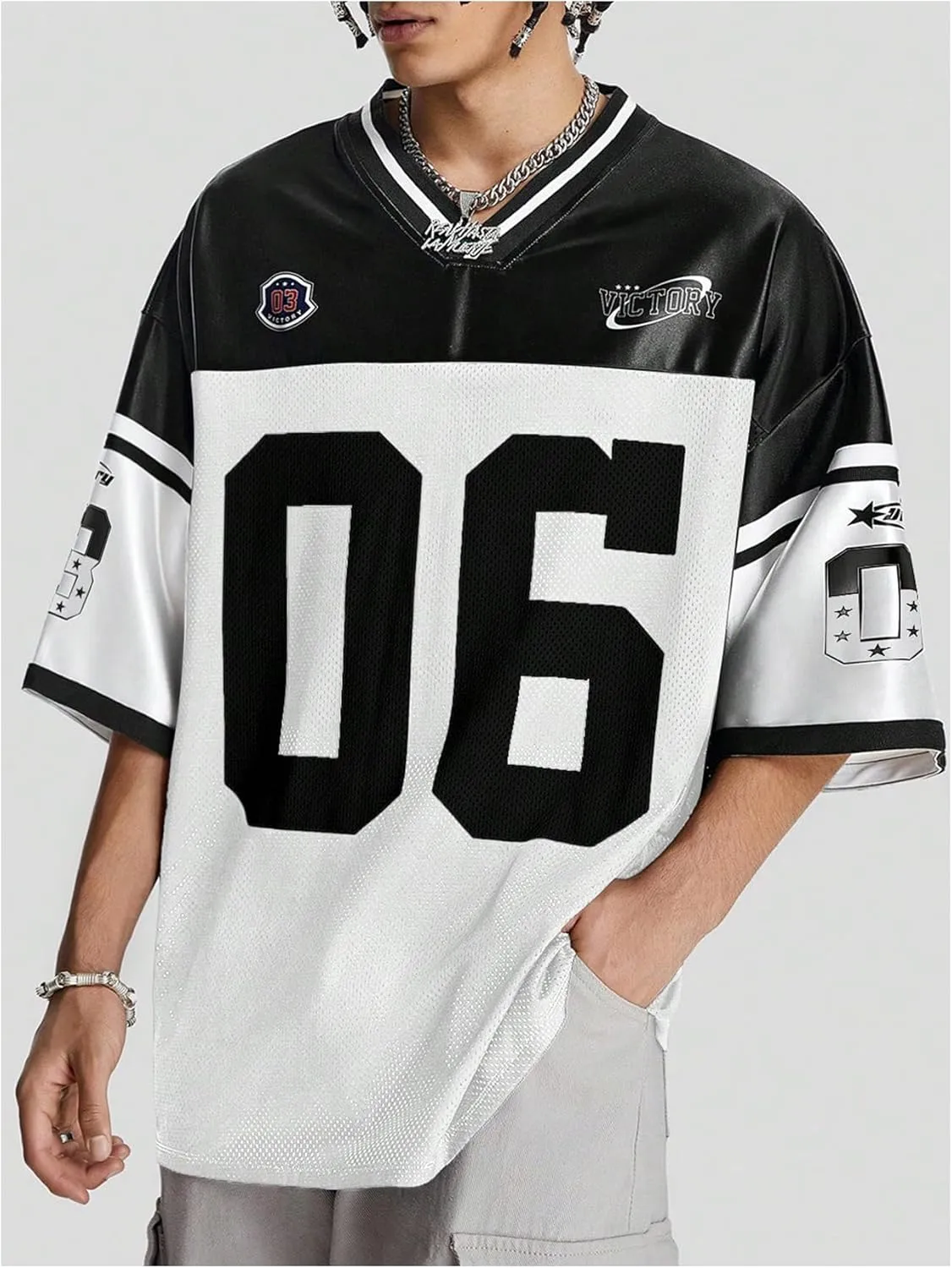 Verdusa Men's Jersey Oversized Graphic Tee V Neck Short Shoulder Casual T Shirts