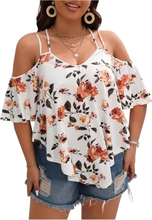 Verdusa Women's Plus Size Cold Shoulder Tops Floral Print Summer Casual T Shirts