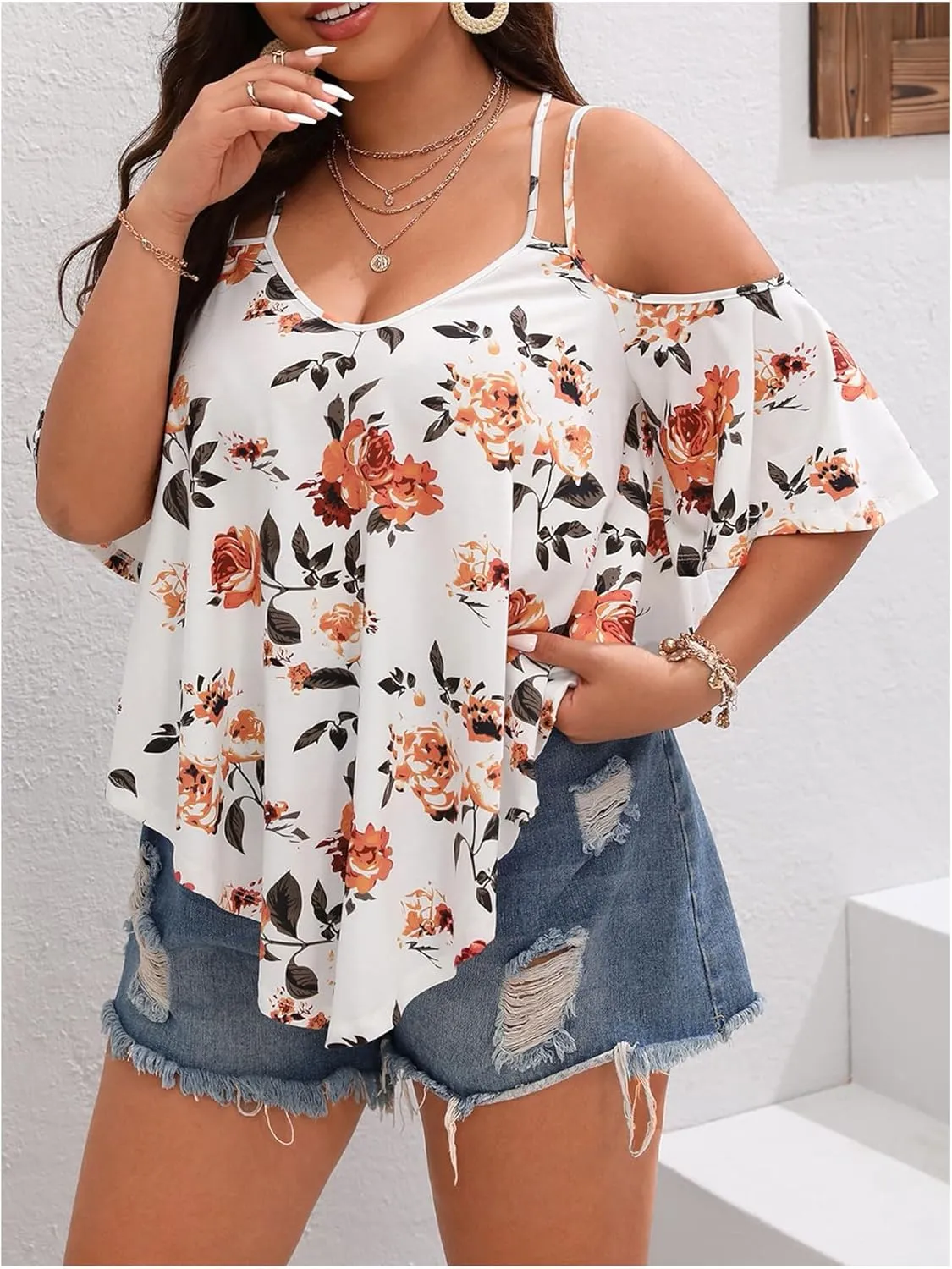 Verdusa Women's Plus Size Cold Shoulder Tops Floral Print Summer Casual T Shirts