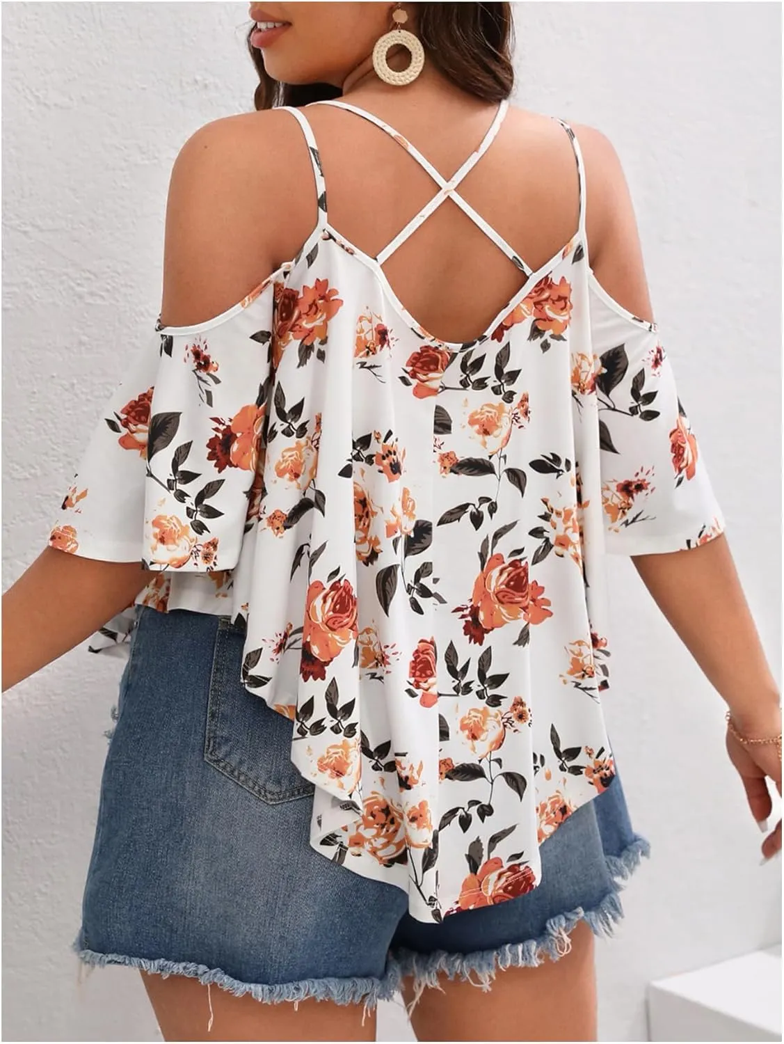Verdusa Women's Plus Size Cold Shoulder Tops Floral Print Summer Casual T Shirts