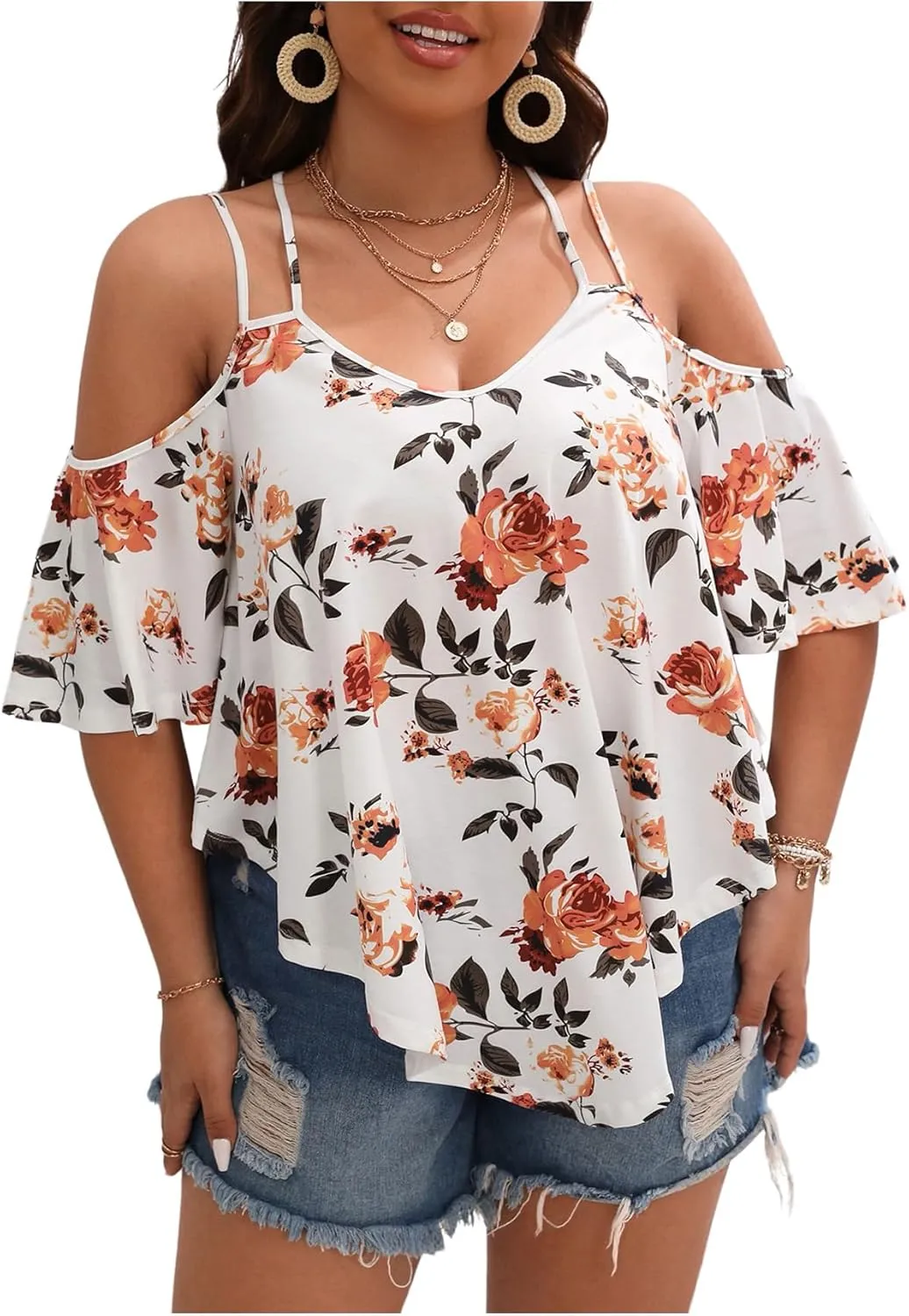Verdusa Women's Plus Size Cold Shoulder Tops Floral Print Summer Casual T Shirts