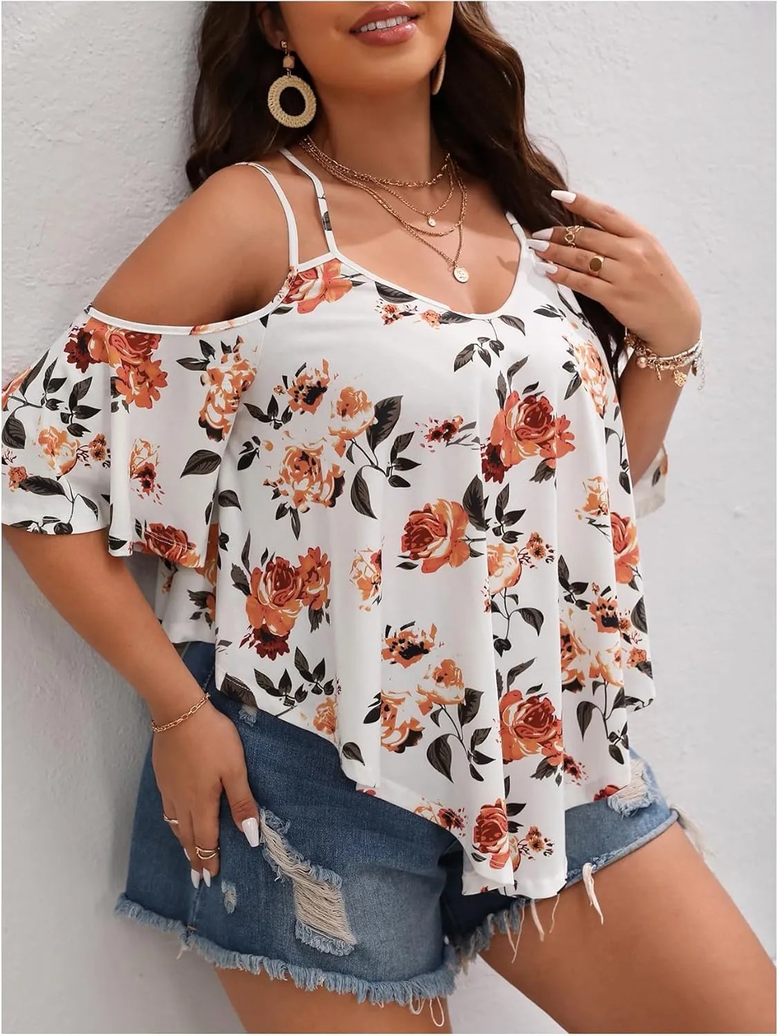 Verdusa Women's Plus Size Cold Shoulder Tops Floral Print Summer Casual T Shirts