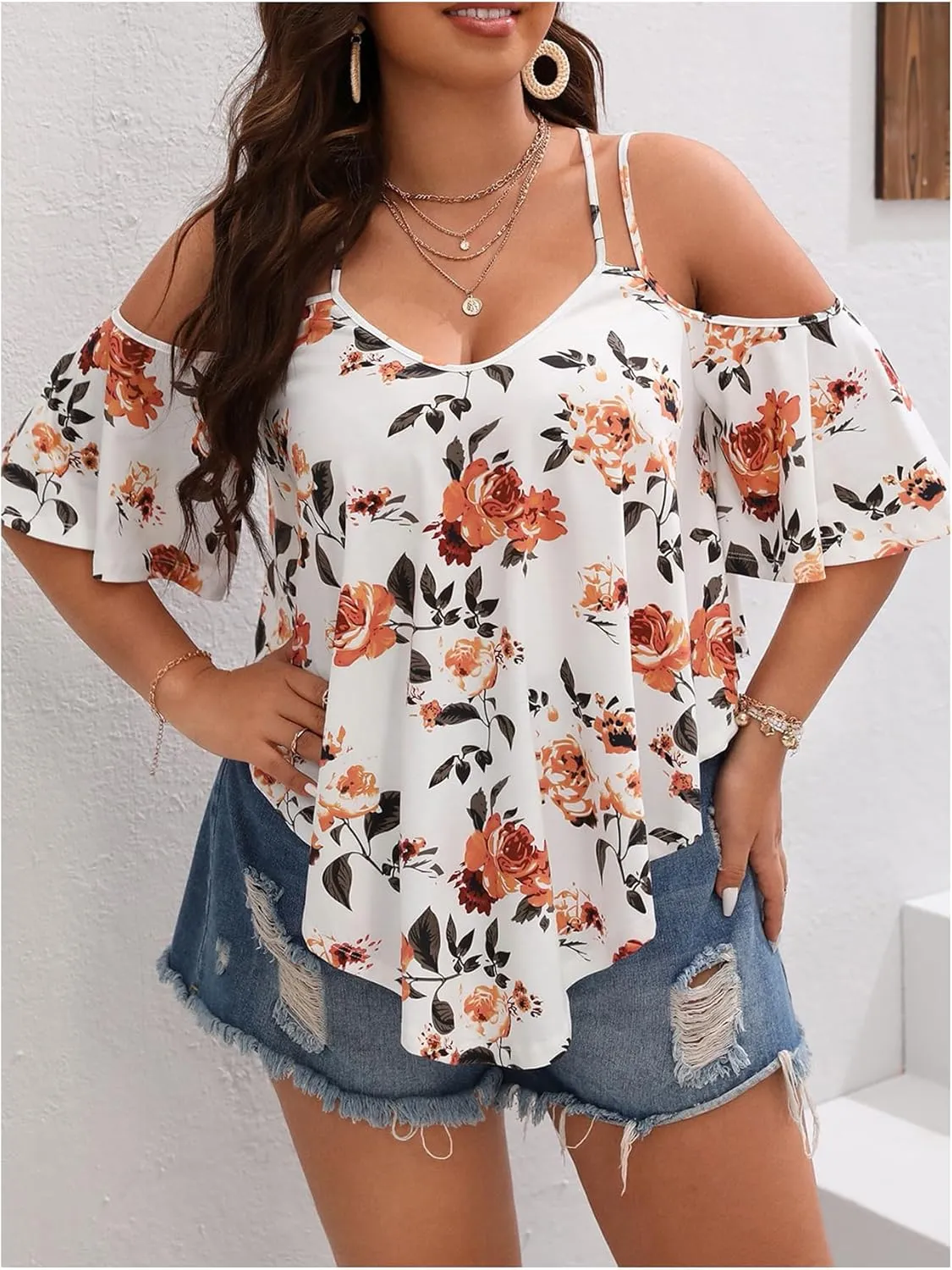 Verdusa Women's Plus Size Cold Shoulder Tops Floral Print Summer Casual T Shirts