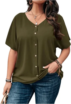 Verdusa Women's Plus Size Tops Button Front Short Sleeve V Neck T Shirts